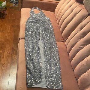 Fashion Nova Silver Sequin Backless Dress
